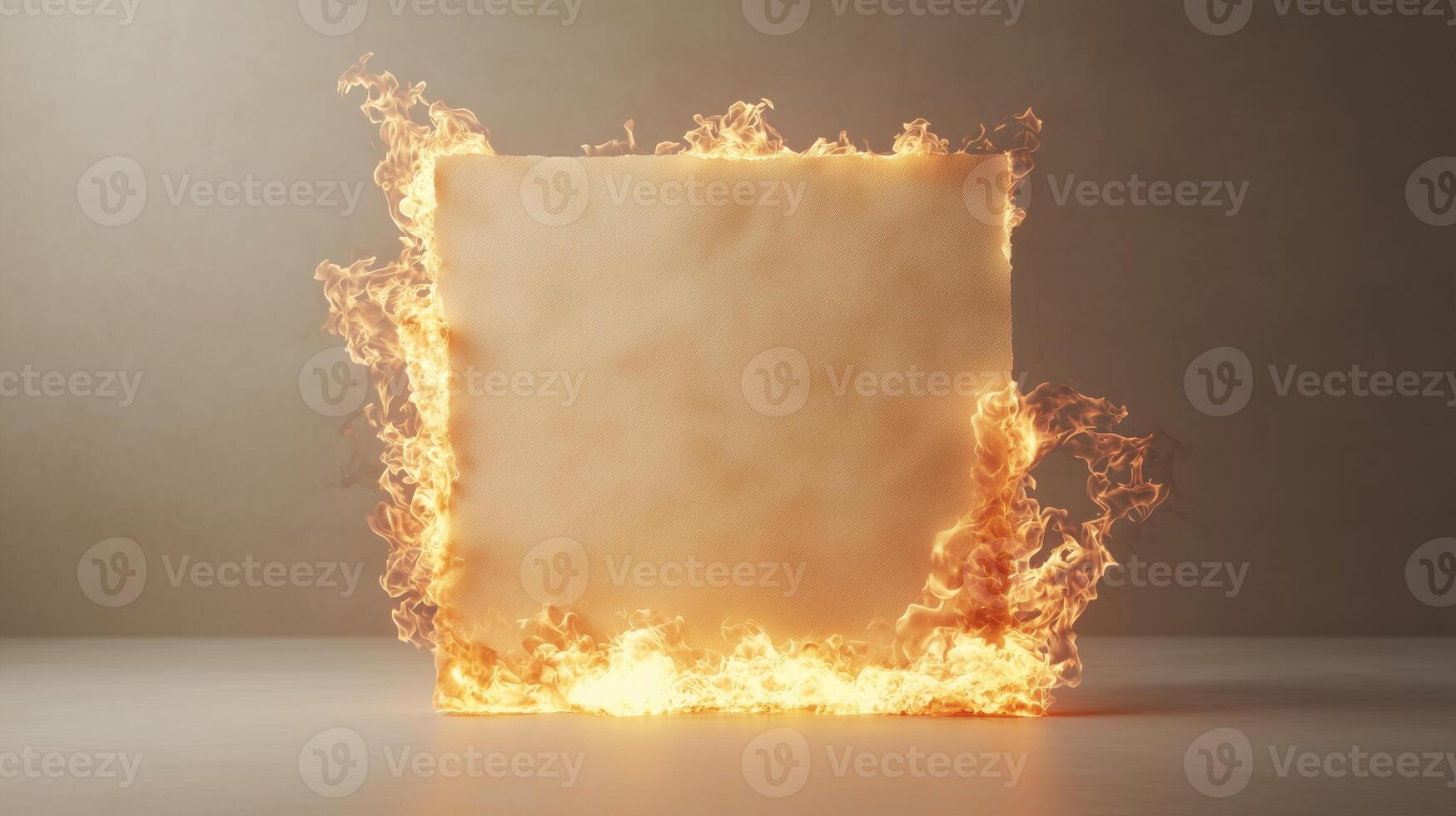 Burning square sheet with flames engulfing edges against a smoky background photo