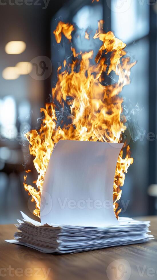 Papers on fire with flames erupting from stacked sheets in modern office setting photo