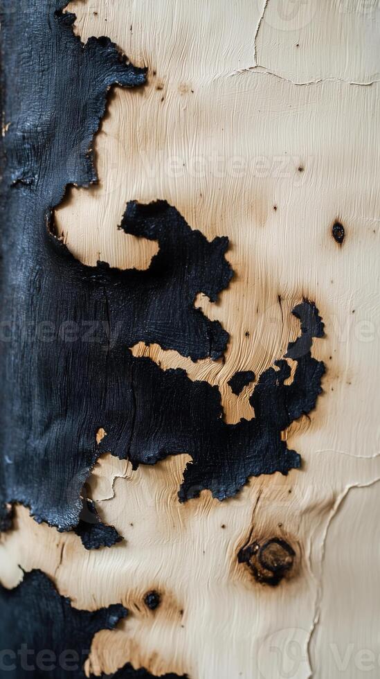 Close-up of a charred tree bark with intricate textures and contrasting colors photo