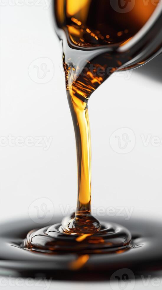 Golden syrup pouring smoothly from a spoon into a pool of syrup photo