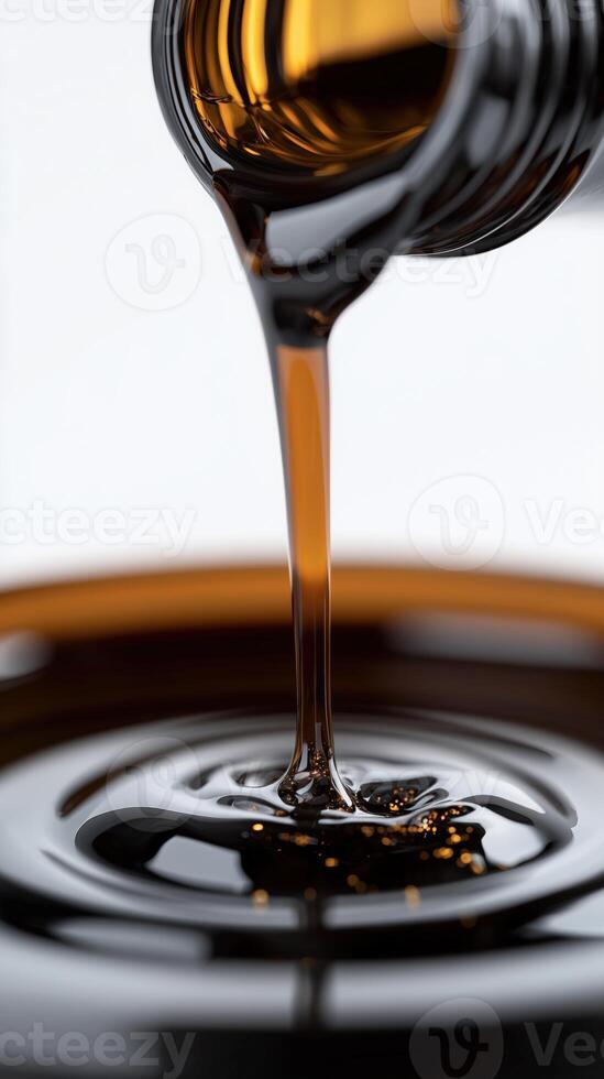 Close-up of thick dark syrup pouring from bottle into a shiny metal container photo