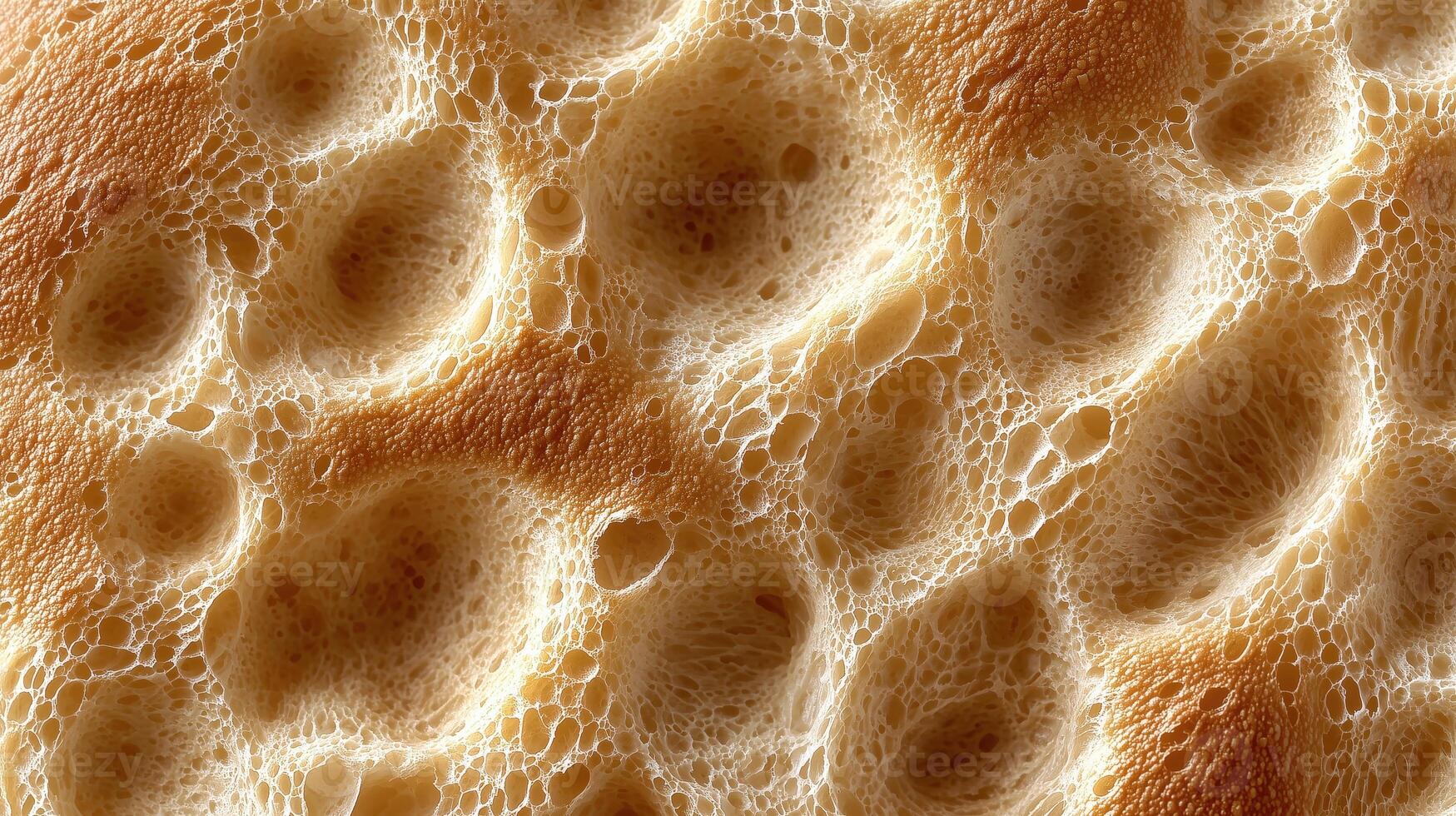 Close-up of crusty bread texture with air bubbles and golden brown color photo
