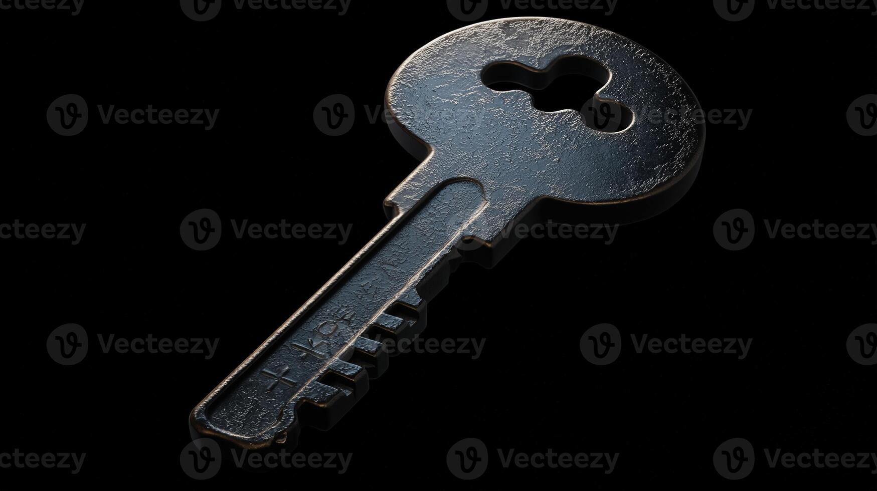 Close-up of a vintage metal key with an intricate design and rough surface on a black background photo
