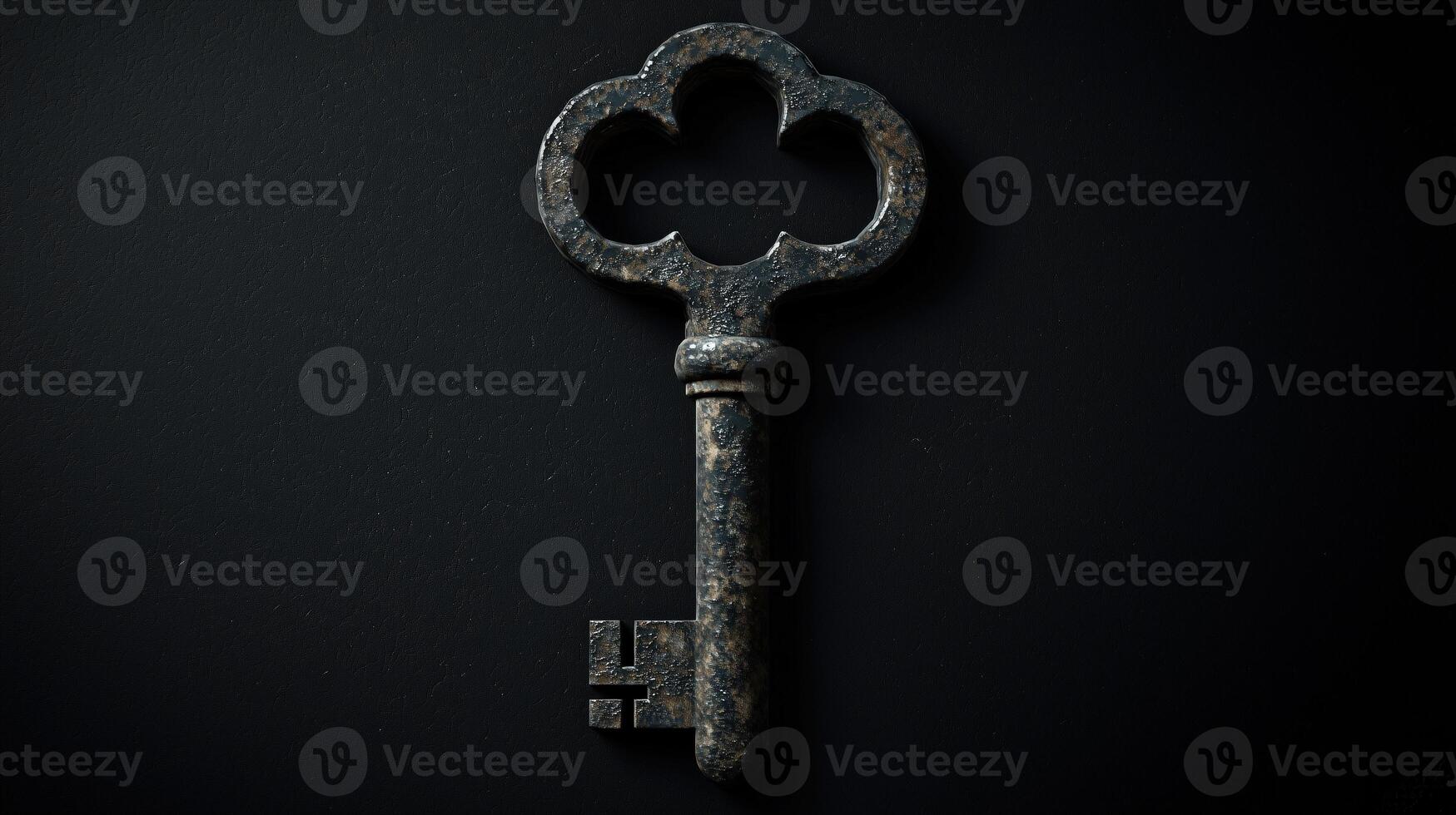 Vintage decorative key with a unique clover shape isolated on a black background photo