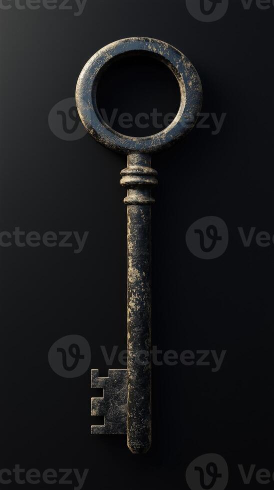 Antique key with circular handle and intricate details on black background photo