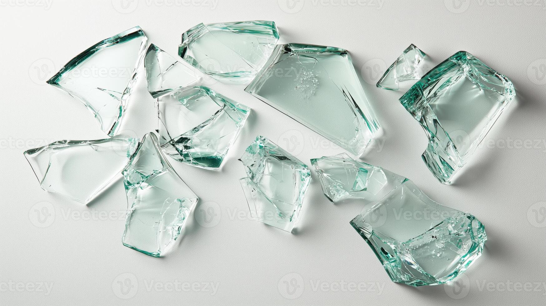 Broken glass fragments spread across surface with sharp edges and clear reflections photo