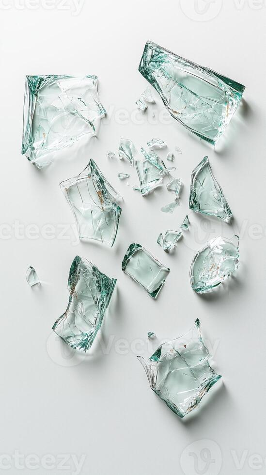 Shattered glass fragments on white surface creating an abstract composition photo