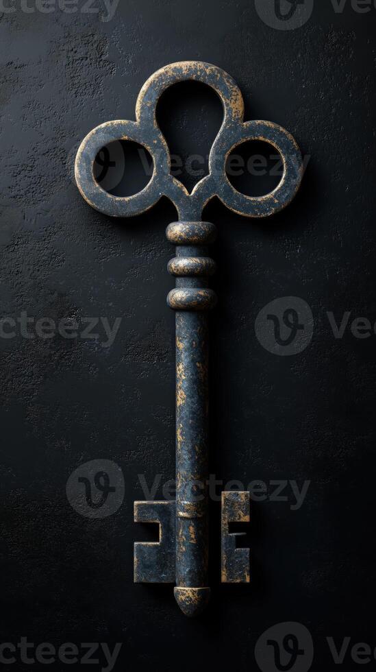 Vintage ornate key with a unique silhouette and historical design on a dark textured background photo