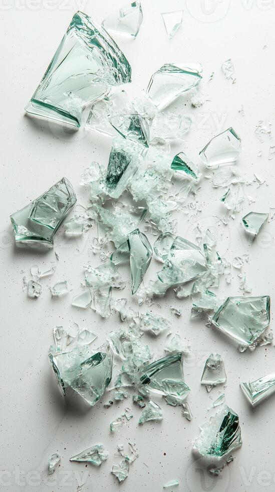Broken glass shards scattered on a white surface, abstract glass texture photo