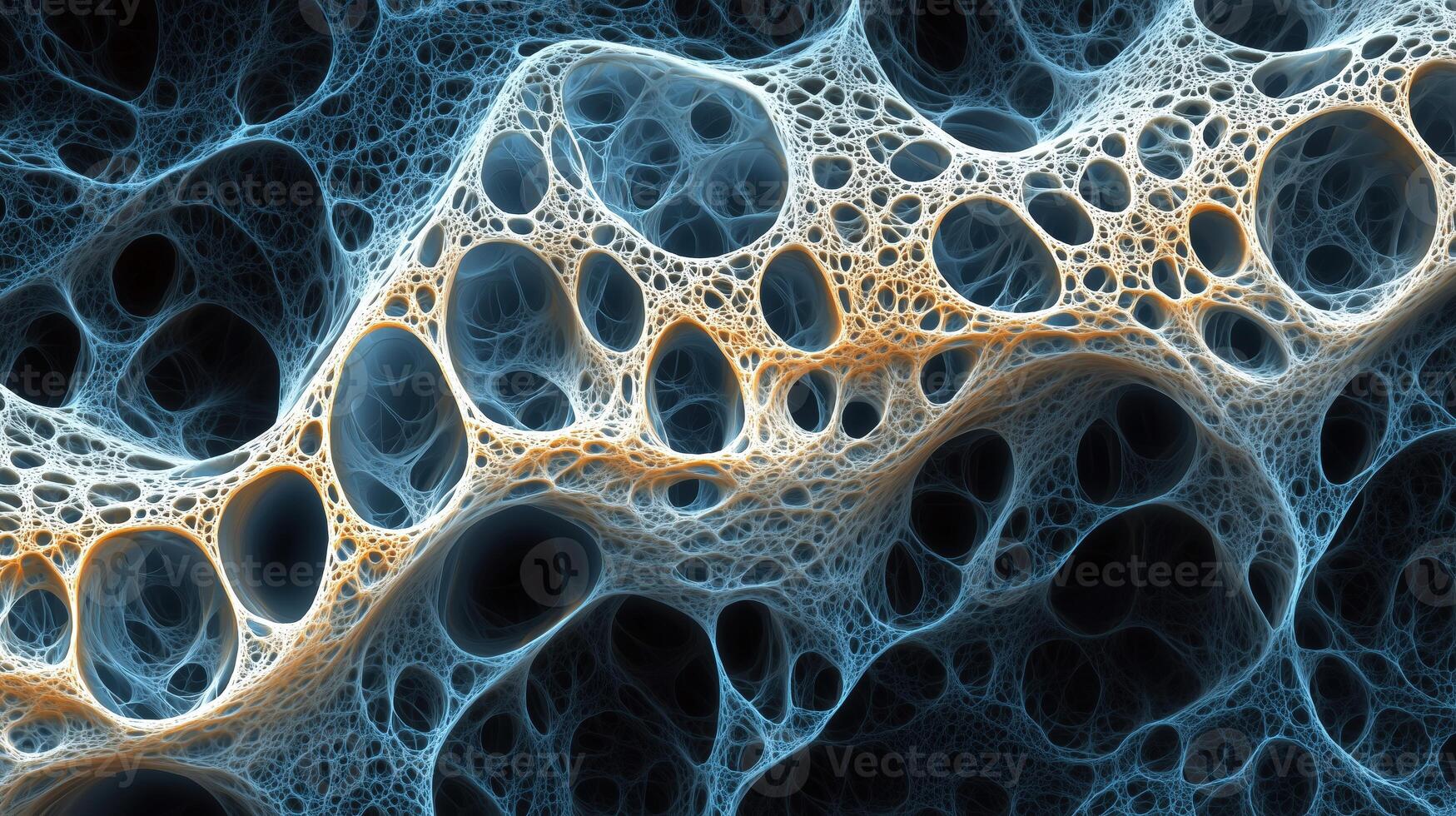 Abstract 3d render of blue and orange fractal wave with bubble-like structures photo