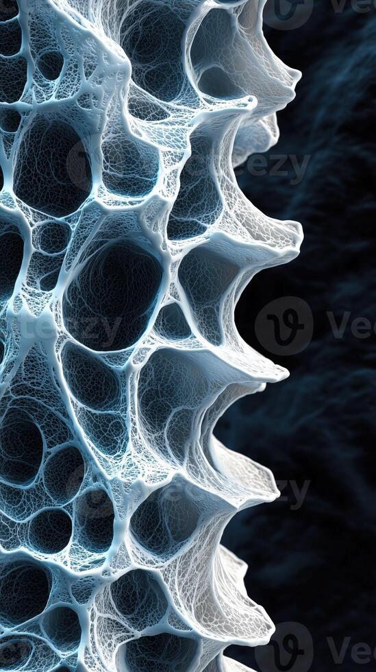 Intricate microstructure displaying fluid-like patterns in blue and white on a dark background photo