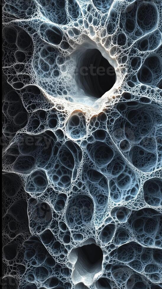 Abstract close-up of intricate organic structures resembling spider webs or porous materials photo