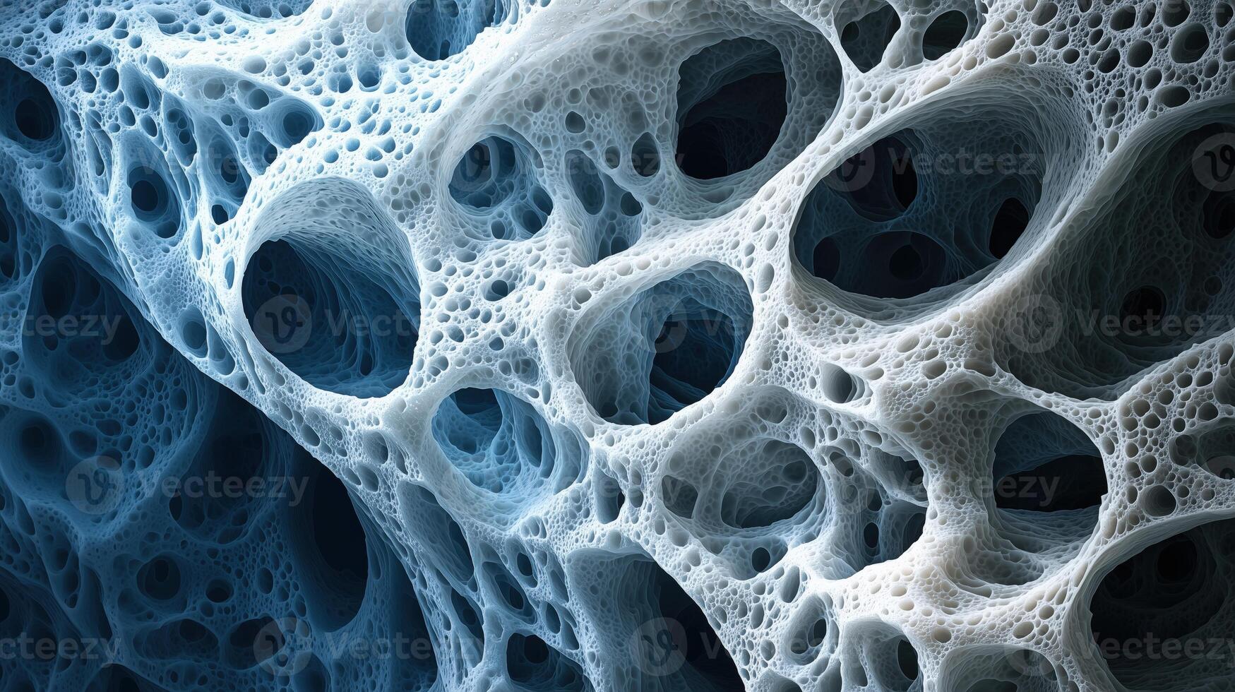 Close-up of abstract blue organic structure with interconnected holes and textures photo