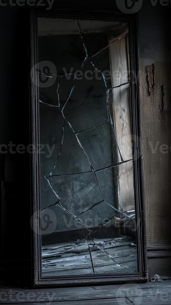 Cracked antique mirror reflecting dark abandoned room with shadows and dust photo