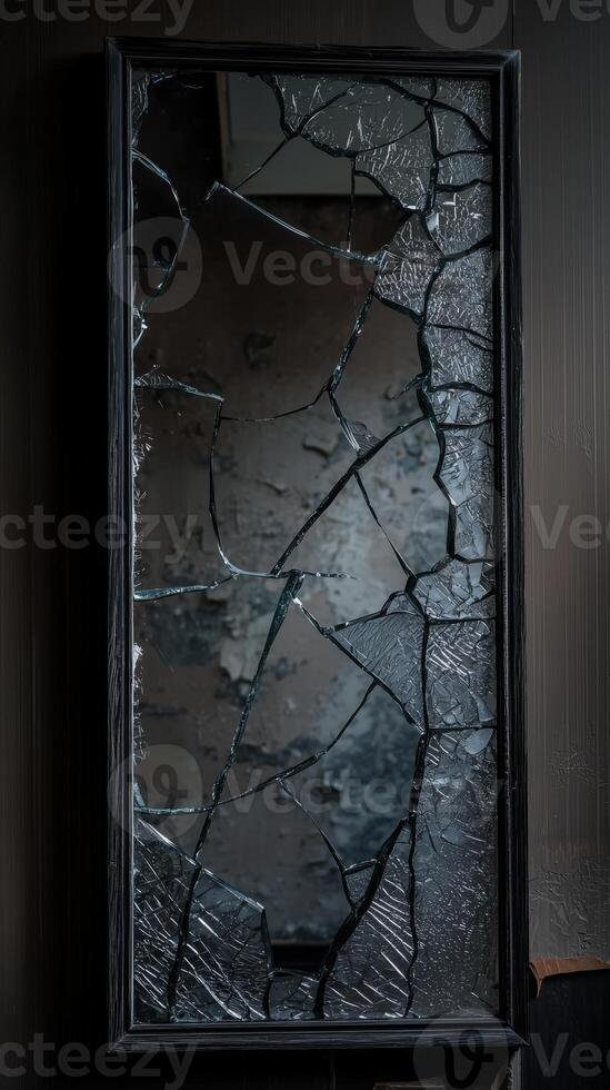 Broken mirror with cracked glass reflecting dim light in a dark room photo