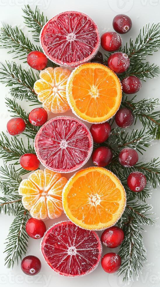 Colorful slices of frosted citrus fruits and cranberries with evergreen sprigs for holiday decor photo