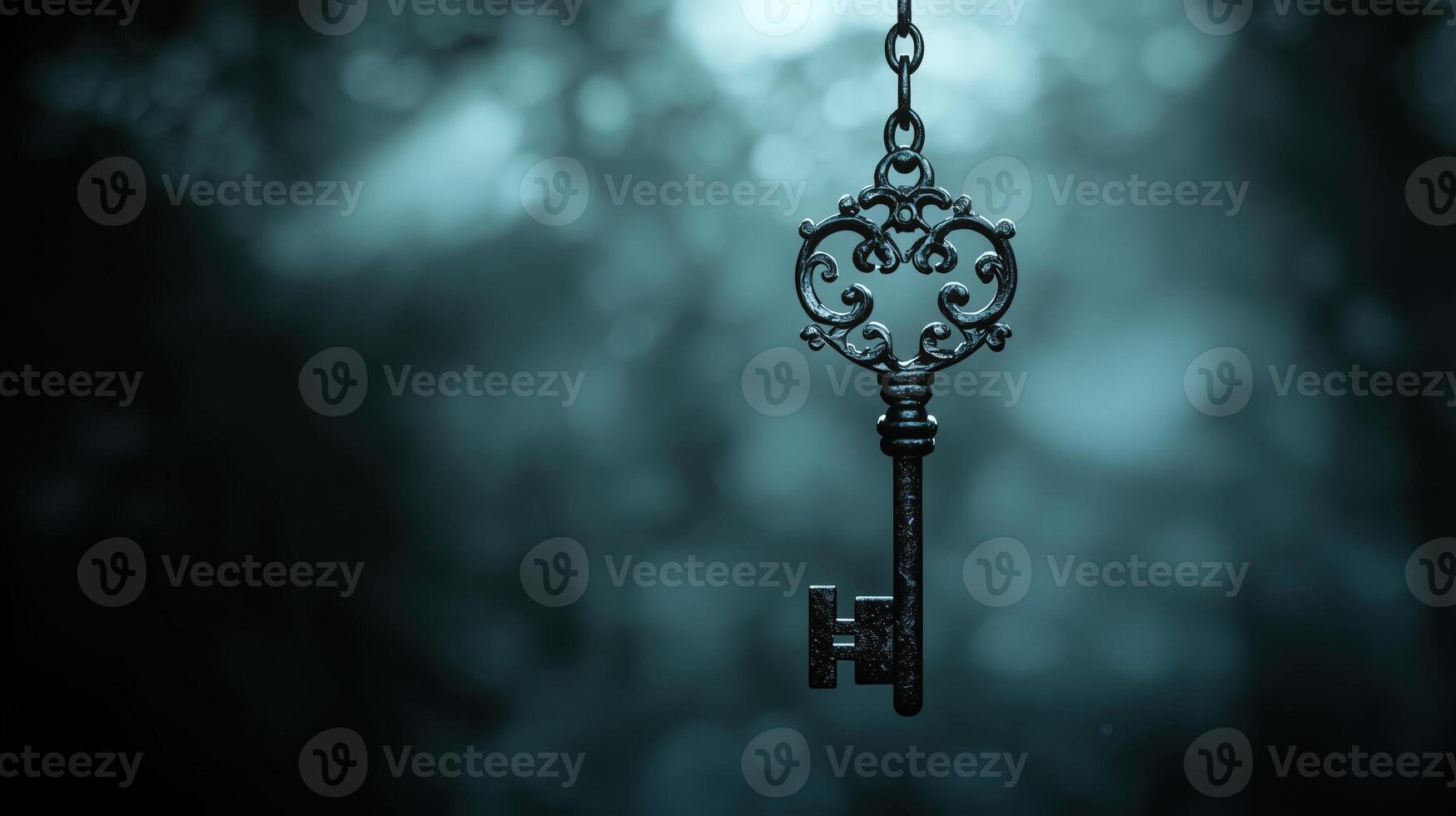 Vintage decorative key hanging in dark atmosphere with bokeh background photo