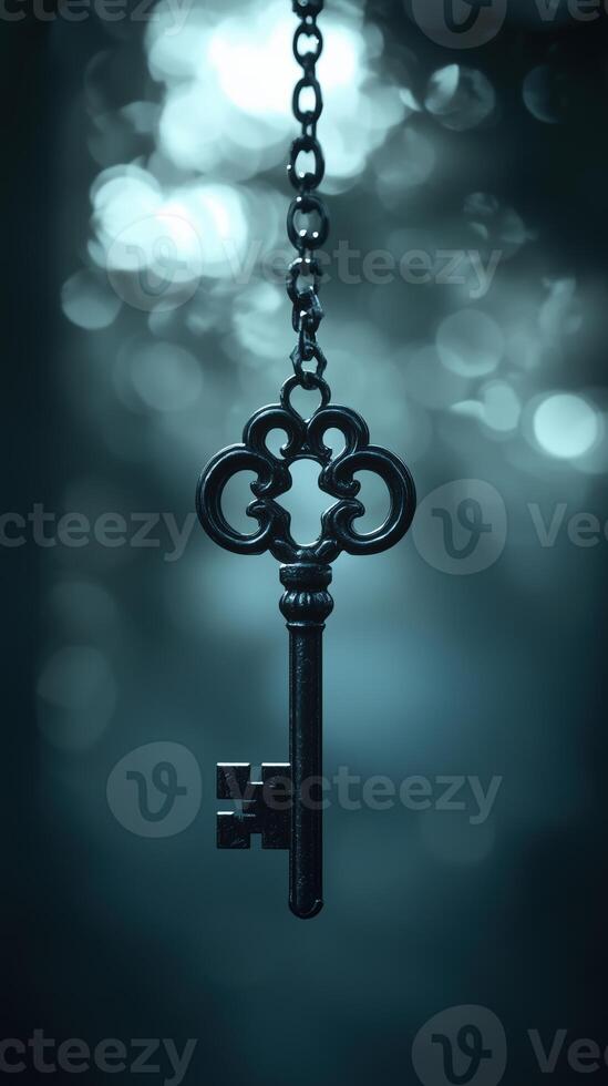 Vintage skeleton key hanging in mysterious atmosphere with bokeh background photo
