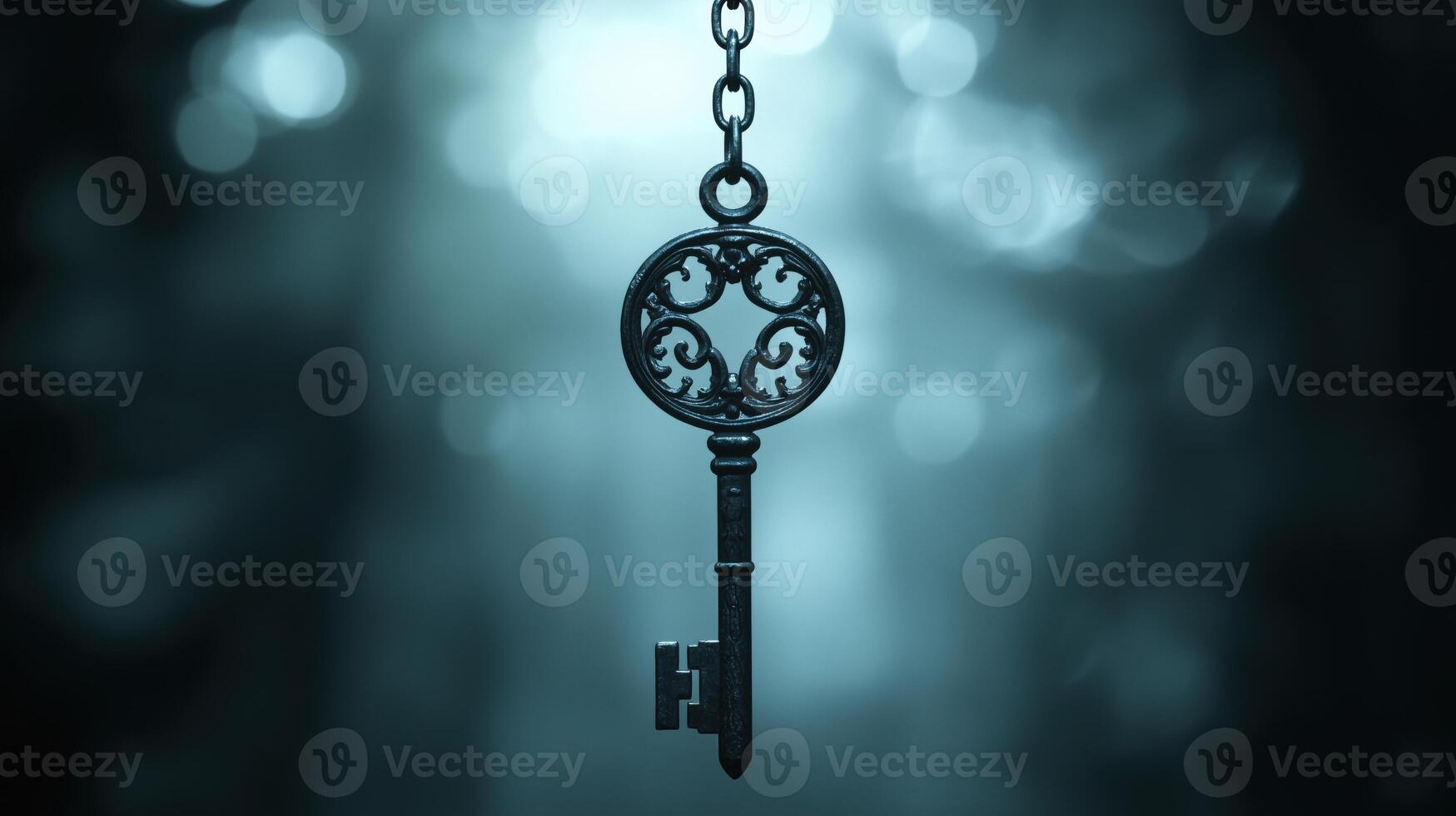 Vintage ornate key hanging on a chain with blurred background in blue tones photo