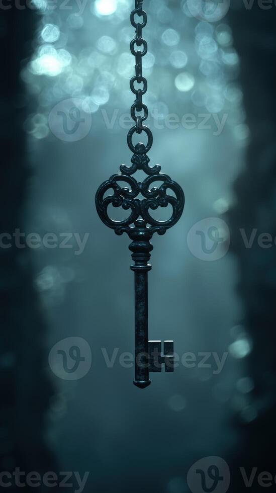 Vintage key hanging in mysterious light with glowing particles photo