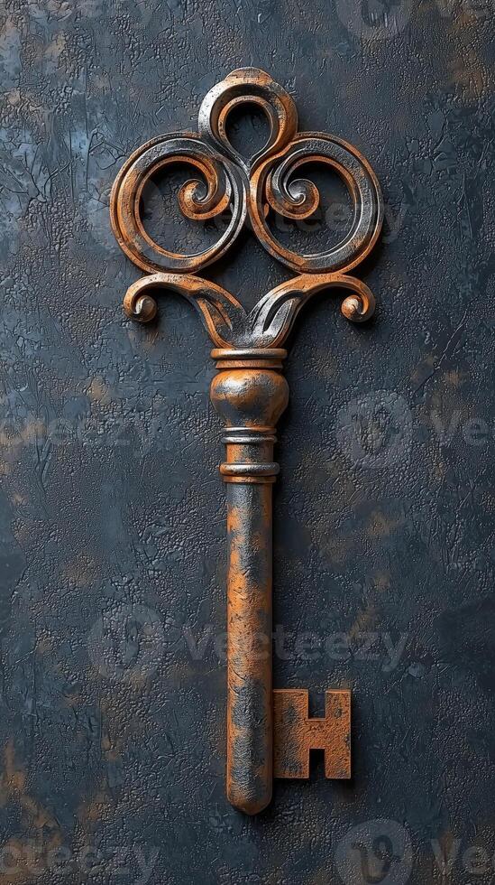 Ornate vintage key with intricate design on dark textured background photo