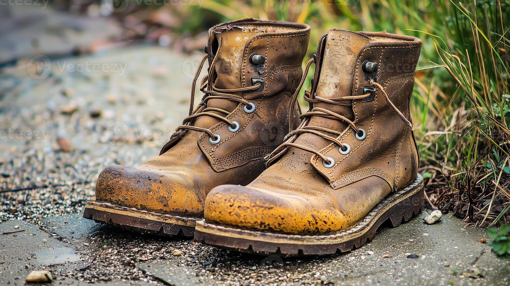 Worn brown leather hiking boots on outdoor trail with grass and gravel photo