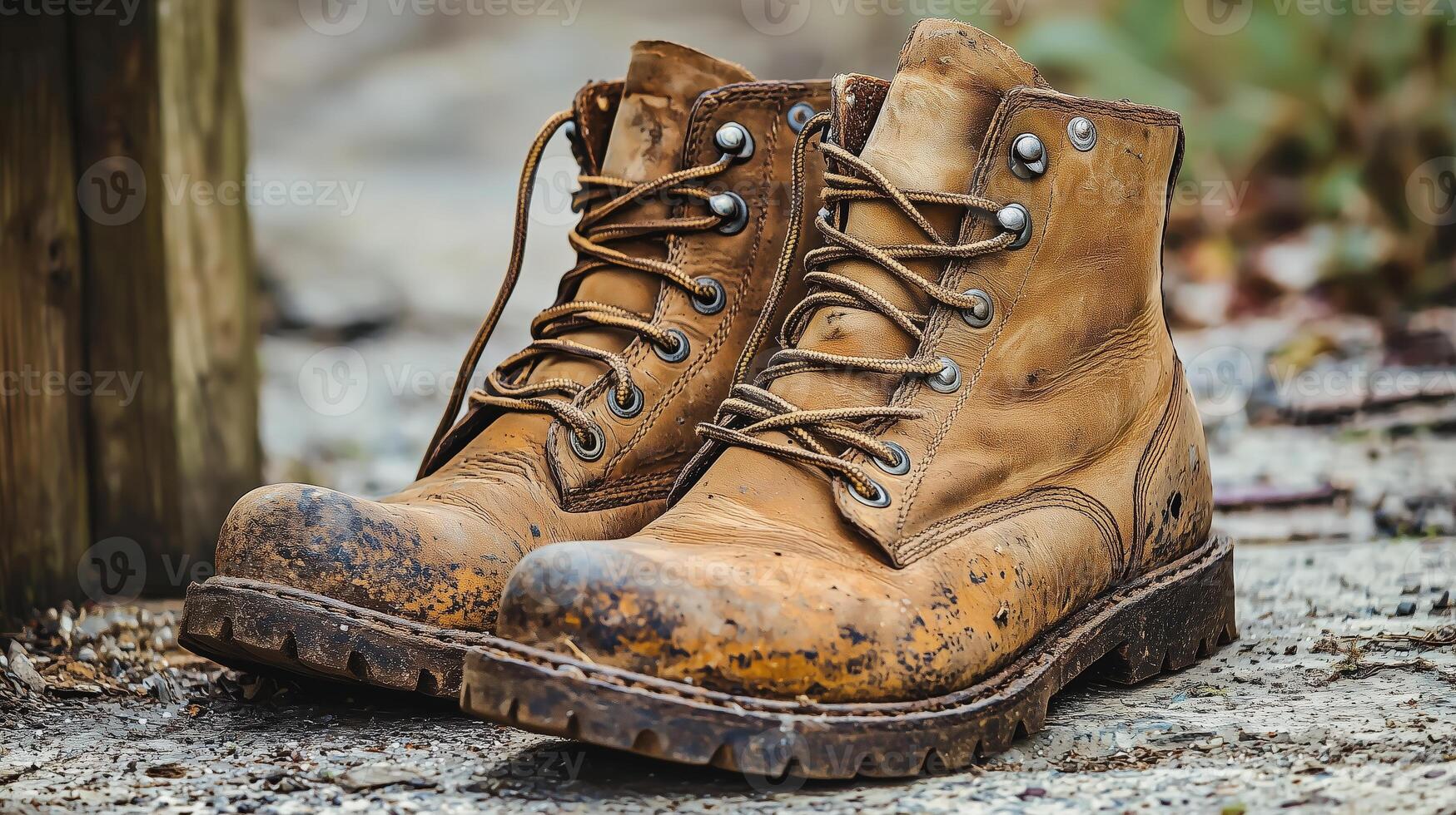 Well-worn brown leather boots with scuffed soles on a rustic trail background photo