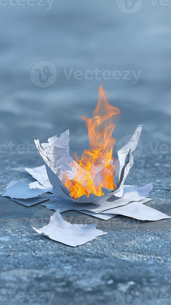 Burning crumpled paper flames on a cold surface, abstract fire and smoke illustration photo