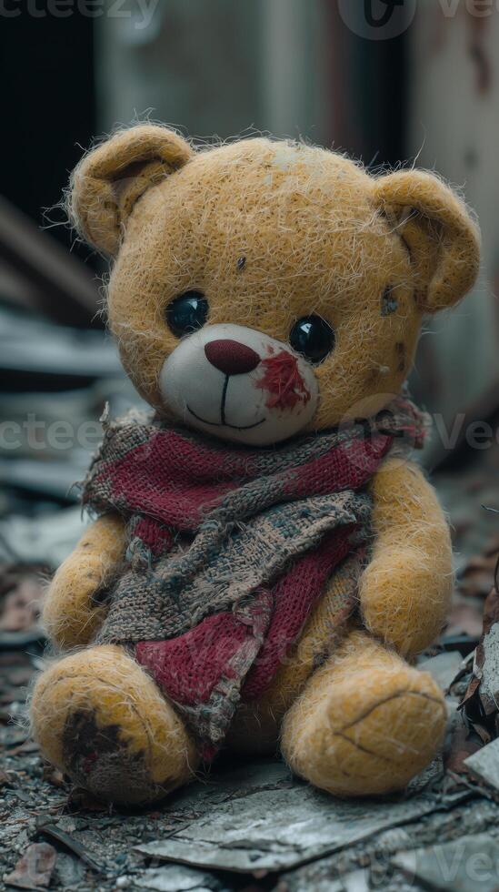 Worn and torn yellow teddy bear with red scarf in an abandoned setting photo