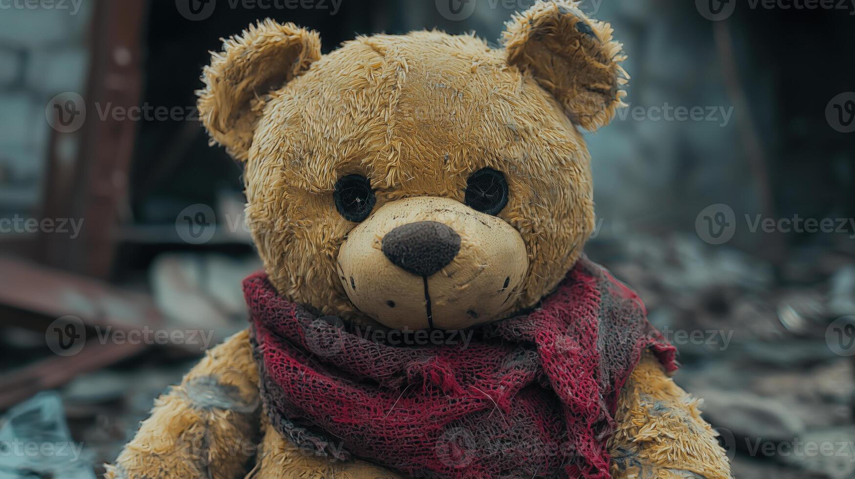 Abandoned teddy bear with worn fur and a red scarf sitting in a derelict environment photo