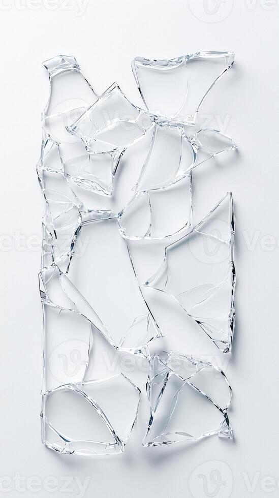 Fragmented glass pieces on white background with unique shapes and patterns photo