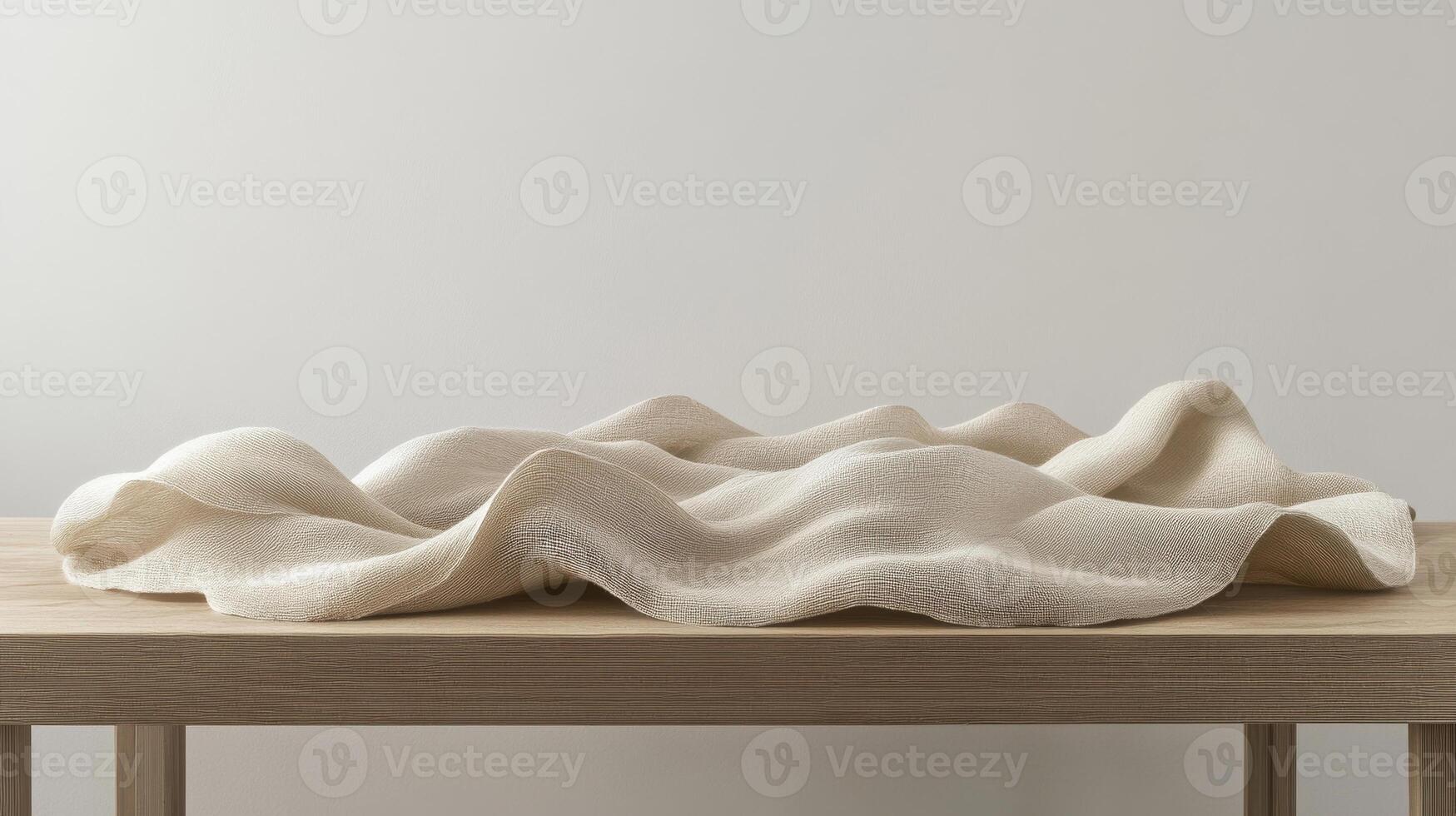 Elegant beige fabric draped on wooden surface showcasing textures and minimalism concept photo