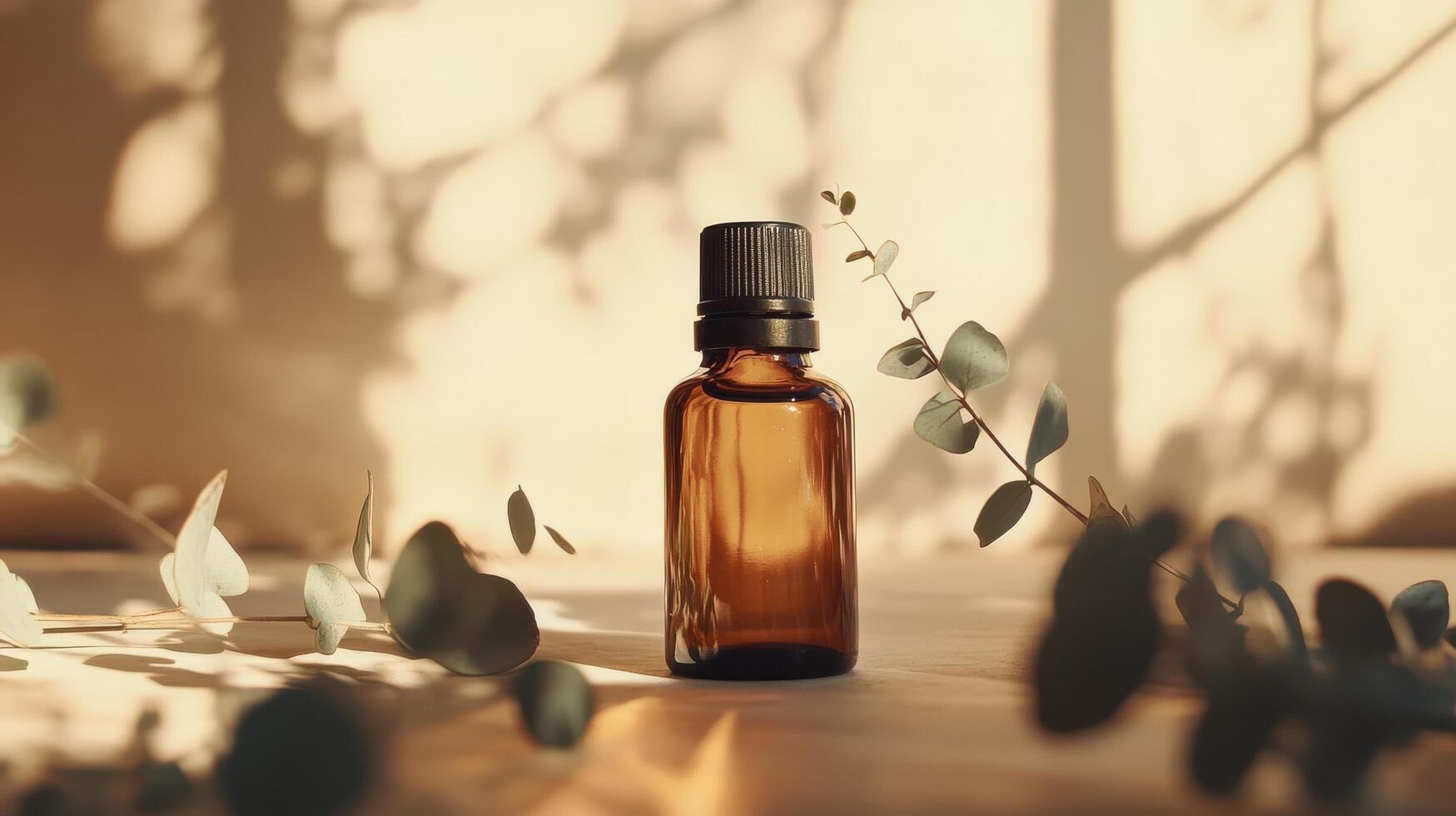 Amber glass bottle surrounded by eucalyptus leaves in warm sunlight photo