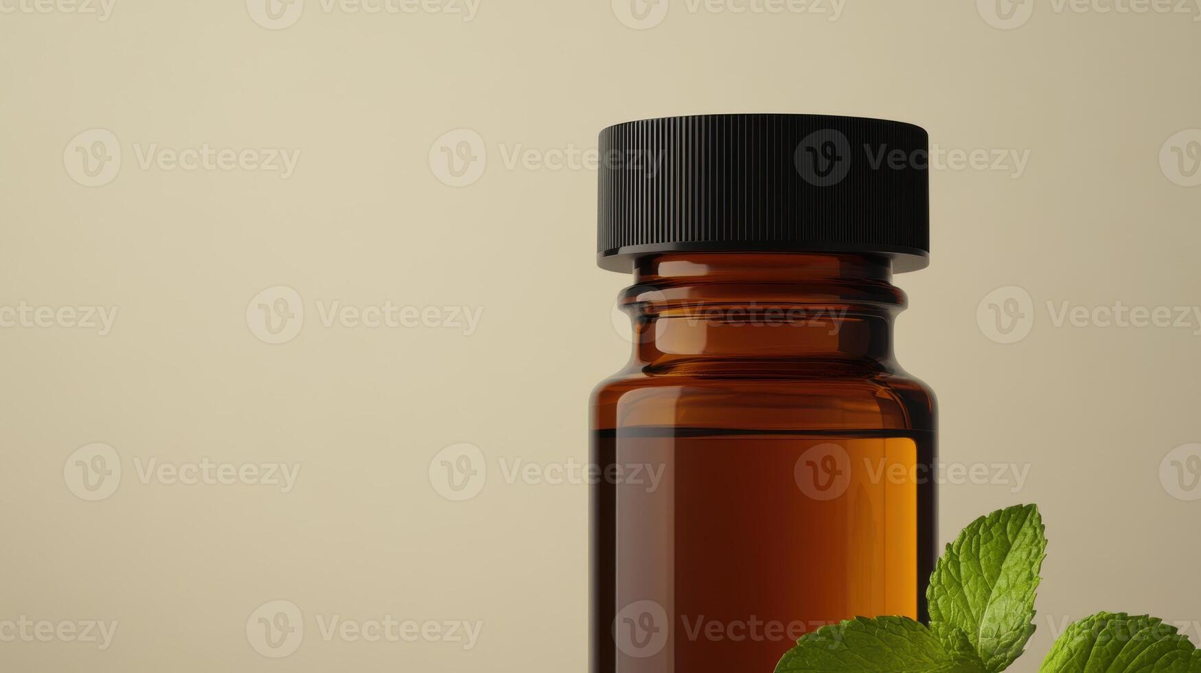 Brown glass bottle with black cap and green mint leaves on beige background photo
