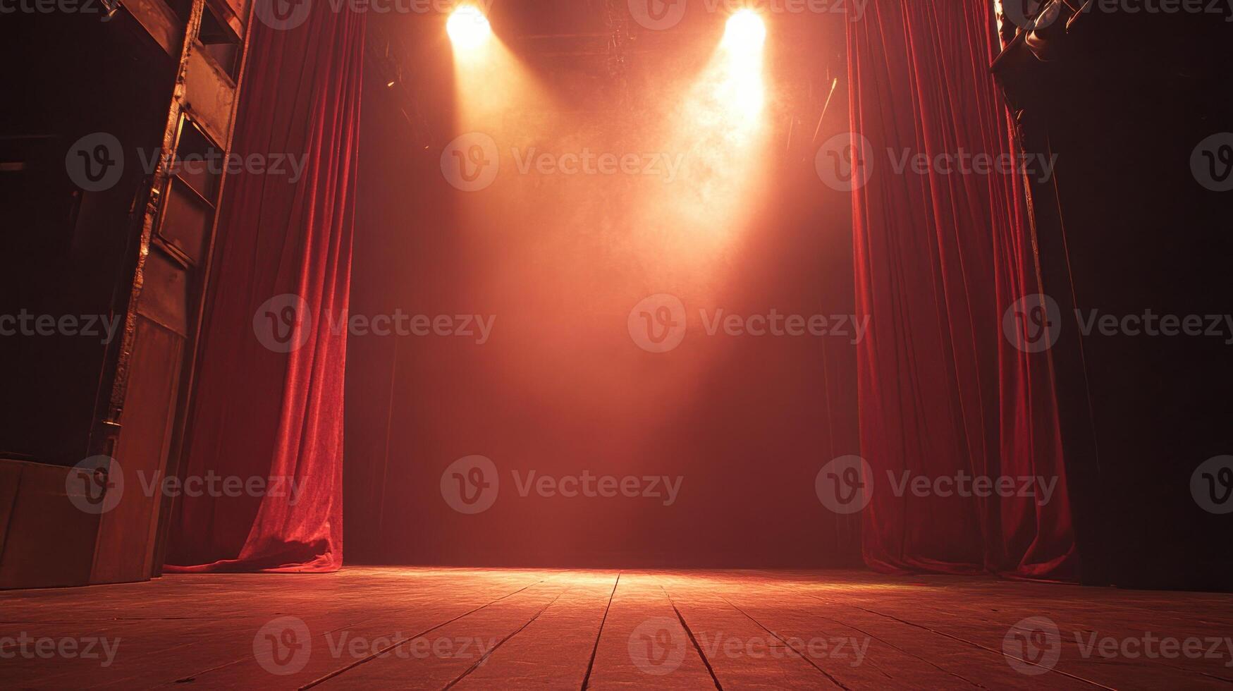 Illuminated stage with red curtains under dramatic lighting for performance concept photo