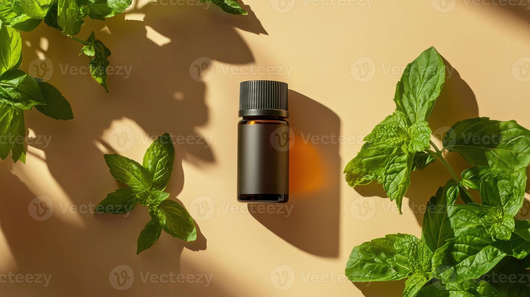 Essential oil bottle with fresh basil leaves on beige background for aromatherapy concept photo