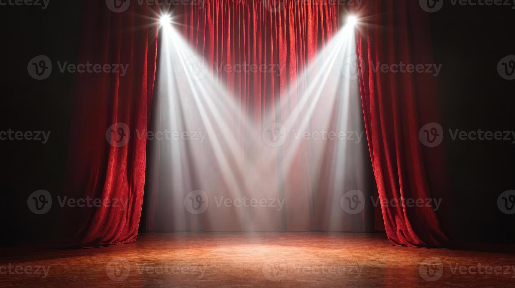 Red theater curtains illuminated by spotlights on an empty stage creating dramatic ambiance photo