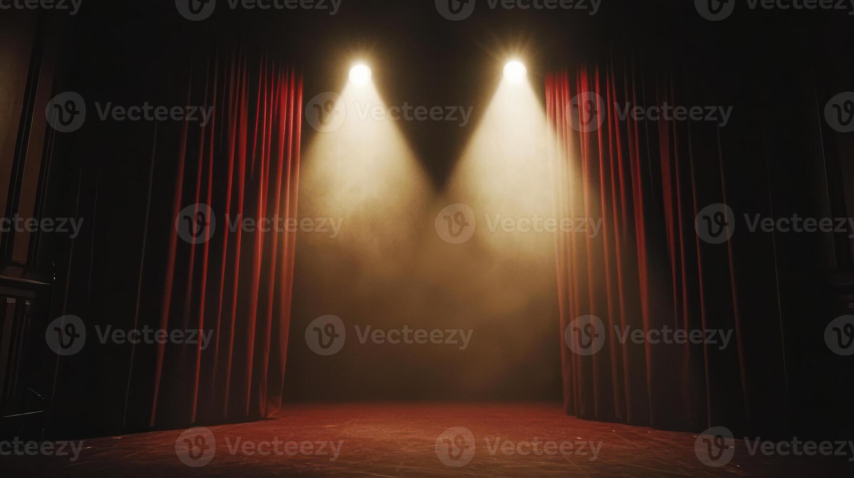 Dramatic theater stage with spotlight and red curtains in performance venue photo