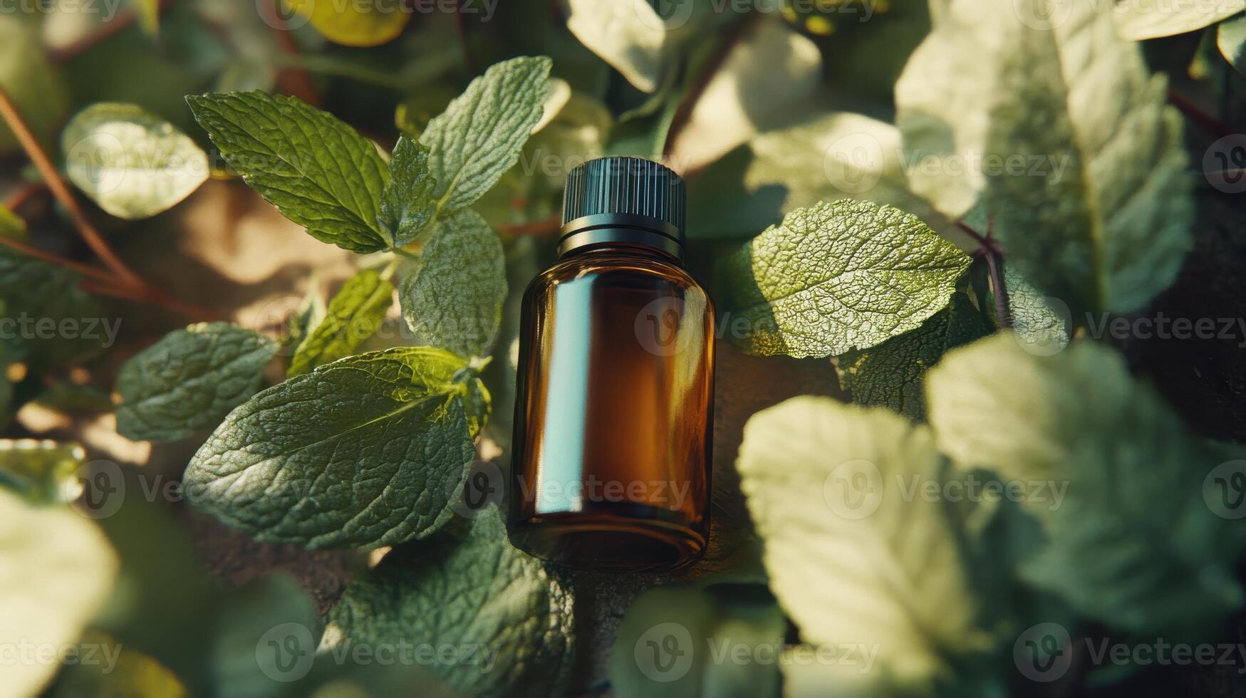 Amber glass bottle amidst lush green mint leaves in sunlight for aromatherapy concept photo