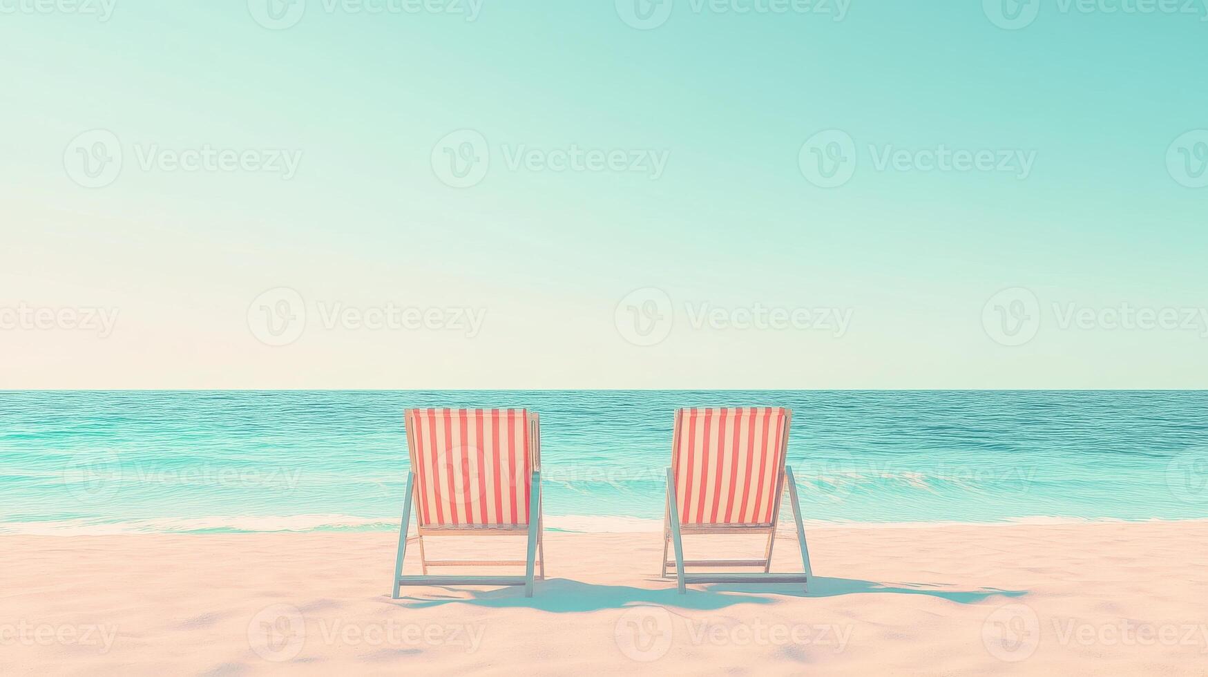 Two vibrant beach chairs facing calm ocean on sunny sandy shore concept photo