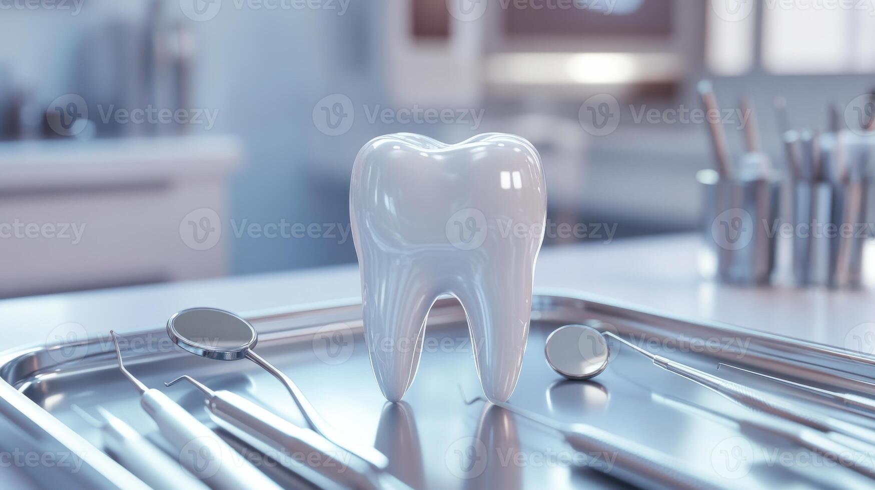 Pristine white tooth model surrounded by dental tools in clinical setting photo