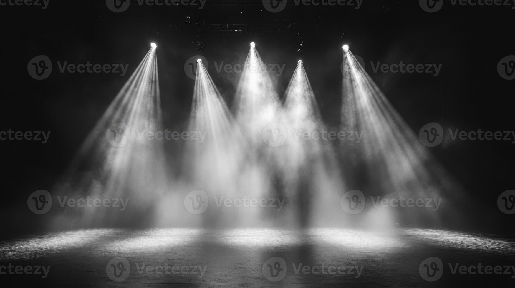 Dramatic stage lighting with five bright spotlights and atmospheric smoke photo