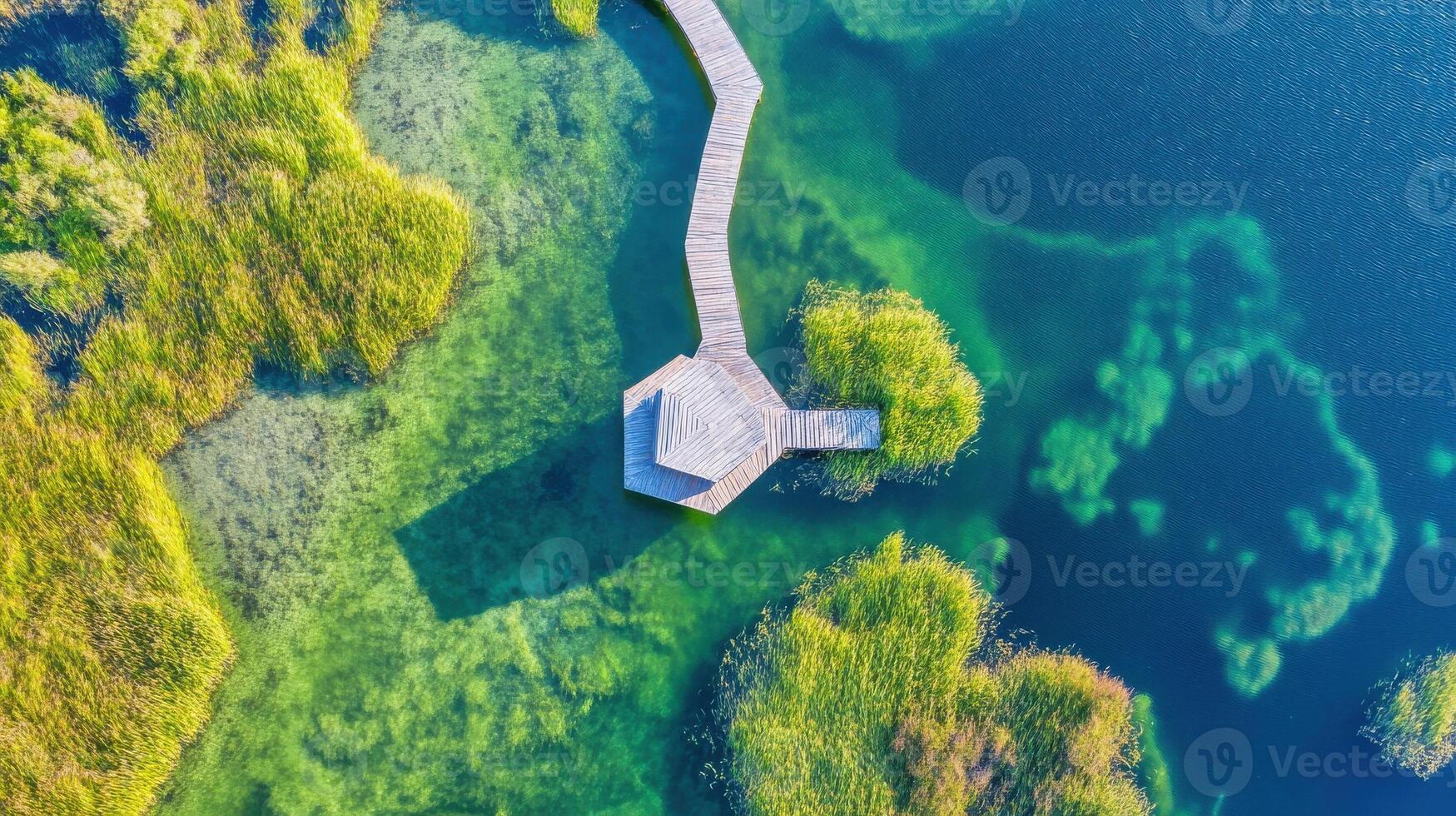 Aerial view of wooden walkway over lake with lush green vegetation and clear water photo