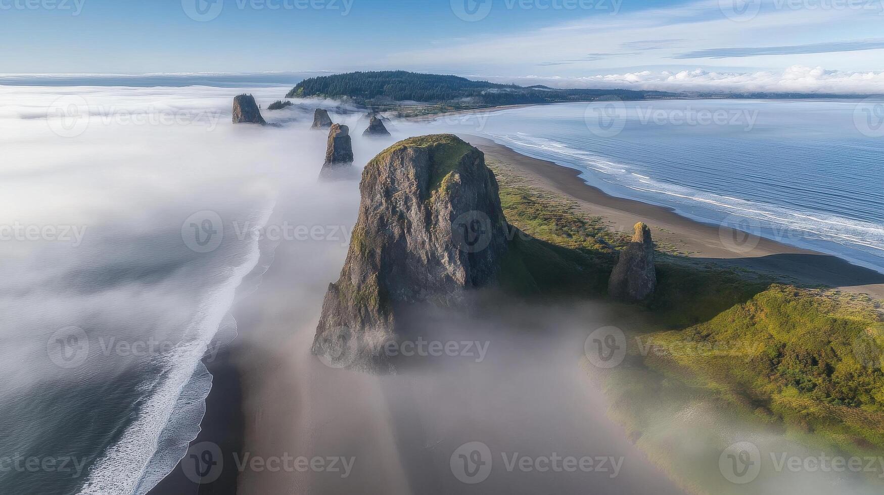 Majestic coastal landscape with towering sea stacks and rolling fog at ocean shore photo
