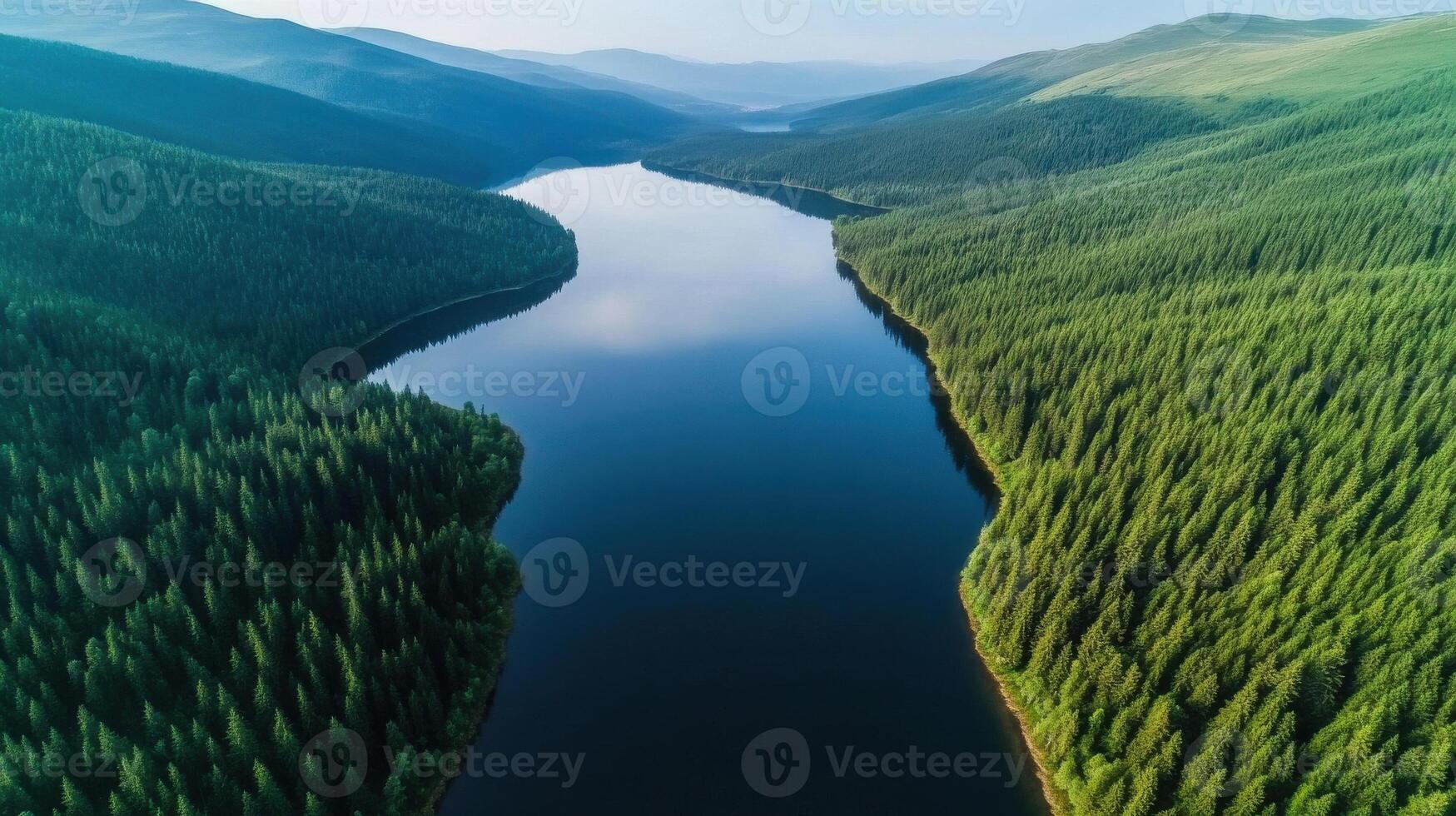 Aerial view of serene river surrounded by dense forest and rolling mountains photo
