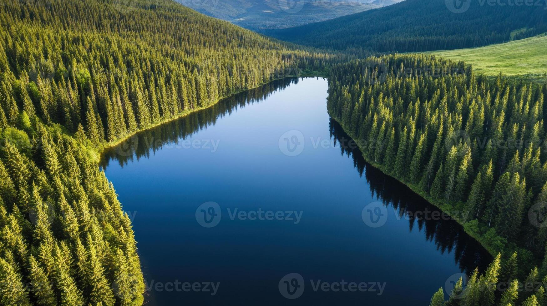 Aerial view of serene lake surrounded by dense pine forest and rolling hills photo