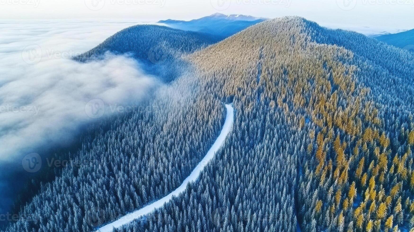 Aerial view of vast snow-covered forest and scenic mountain range landscape photo