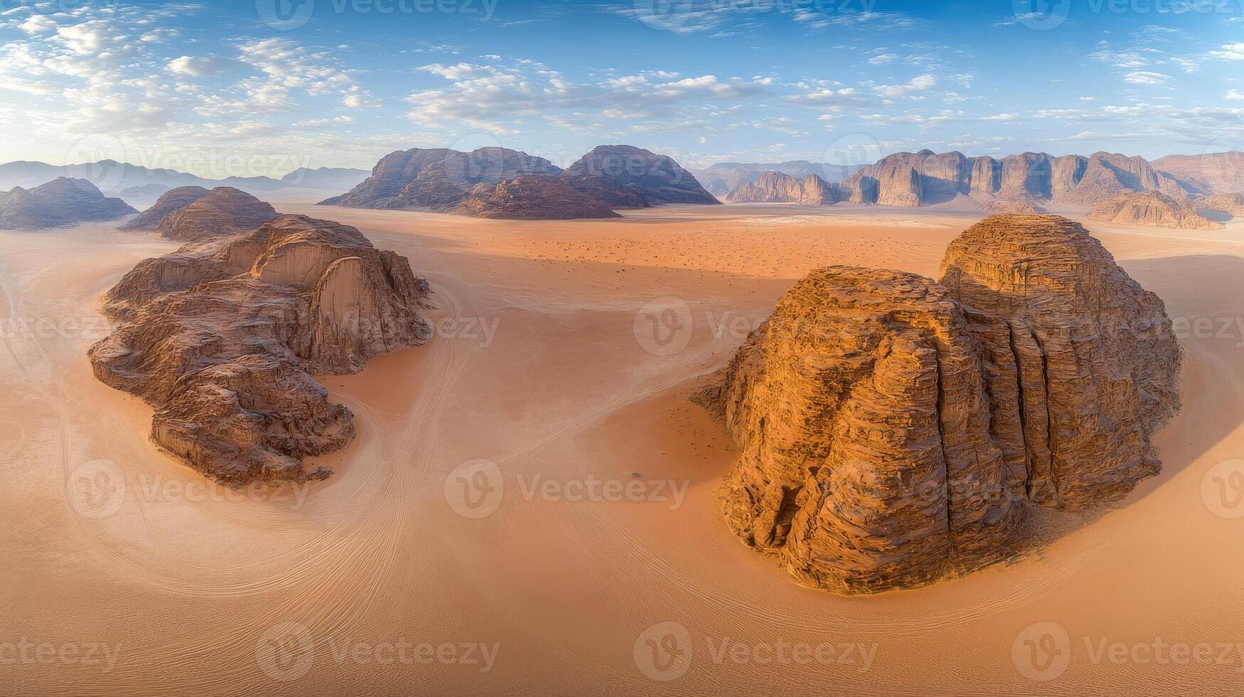 Aerial view of majestic desert landscape with sand dunes and rocky formations photo
