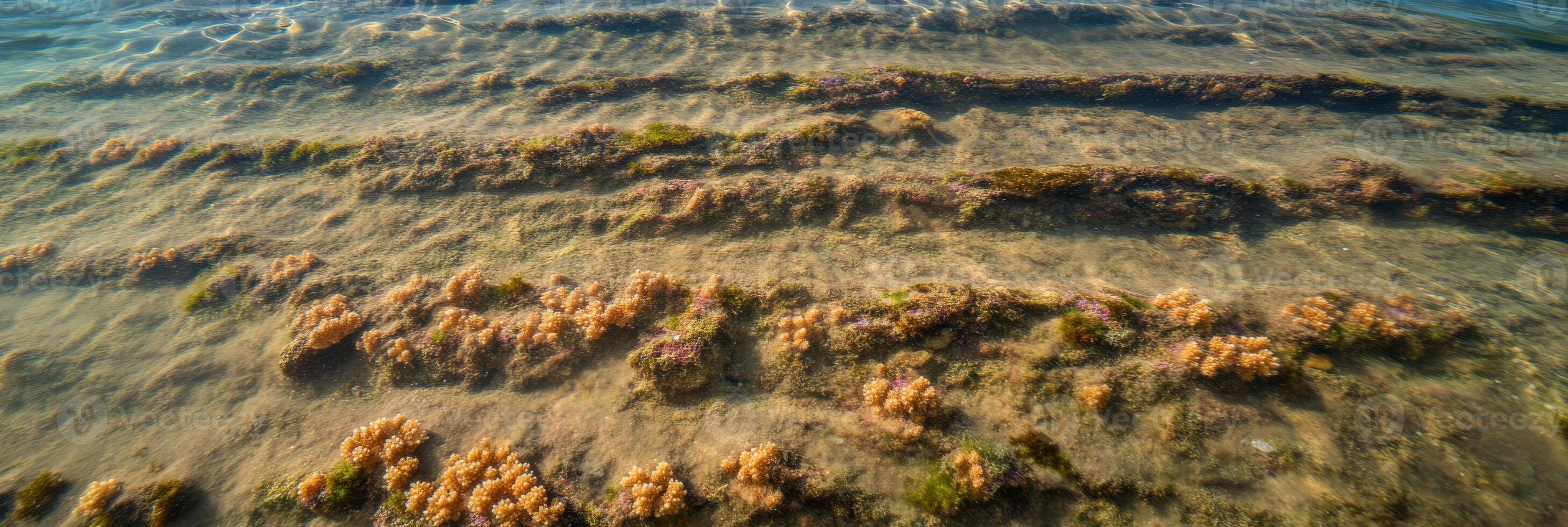 Underwater view of shallow seabed with algae and seaweed patterns photo