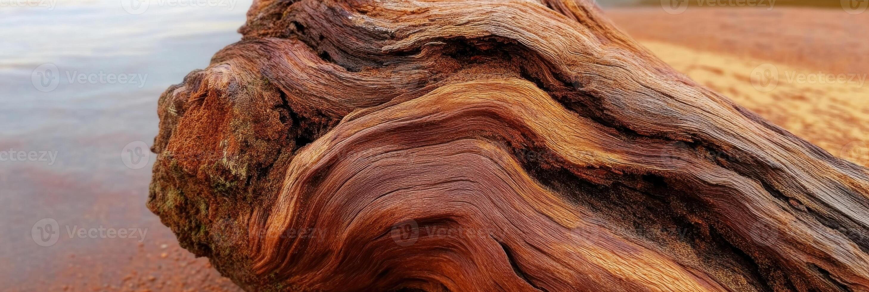 Close-up of weathered driftwood on a sandy beach by the water edge photo